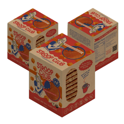 Three boes of Stroop Club vegan stroopwafel 8-packs