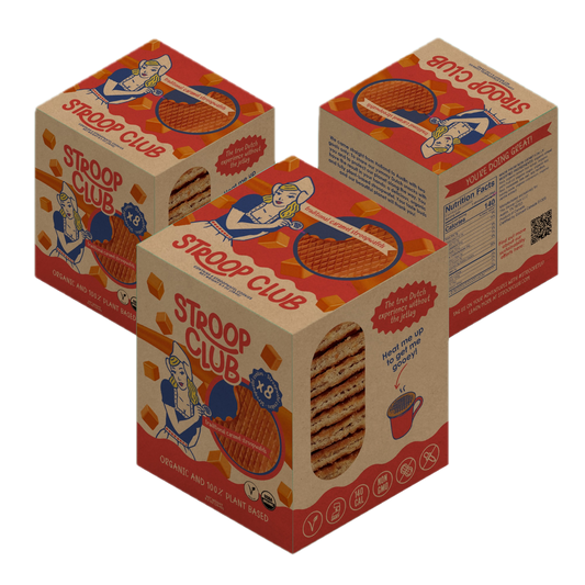 Three boes of Stroop Club vegan stroopwafel 8-packs