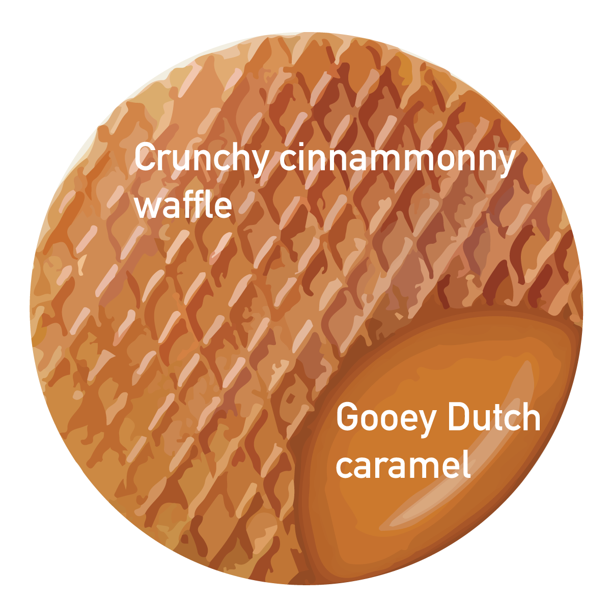 Illustration of a stroopwafel with caramel, saying "crunchy cinnamon waffle" on the waffle part and "gooey Dutch caramel" on the caramel part.