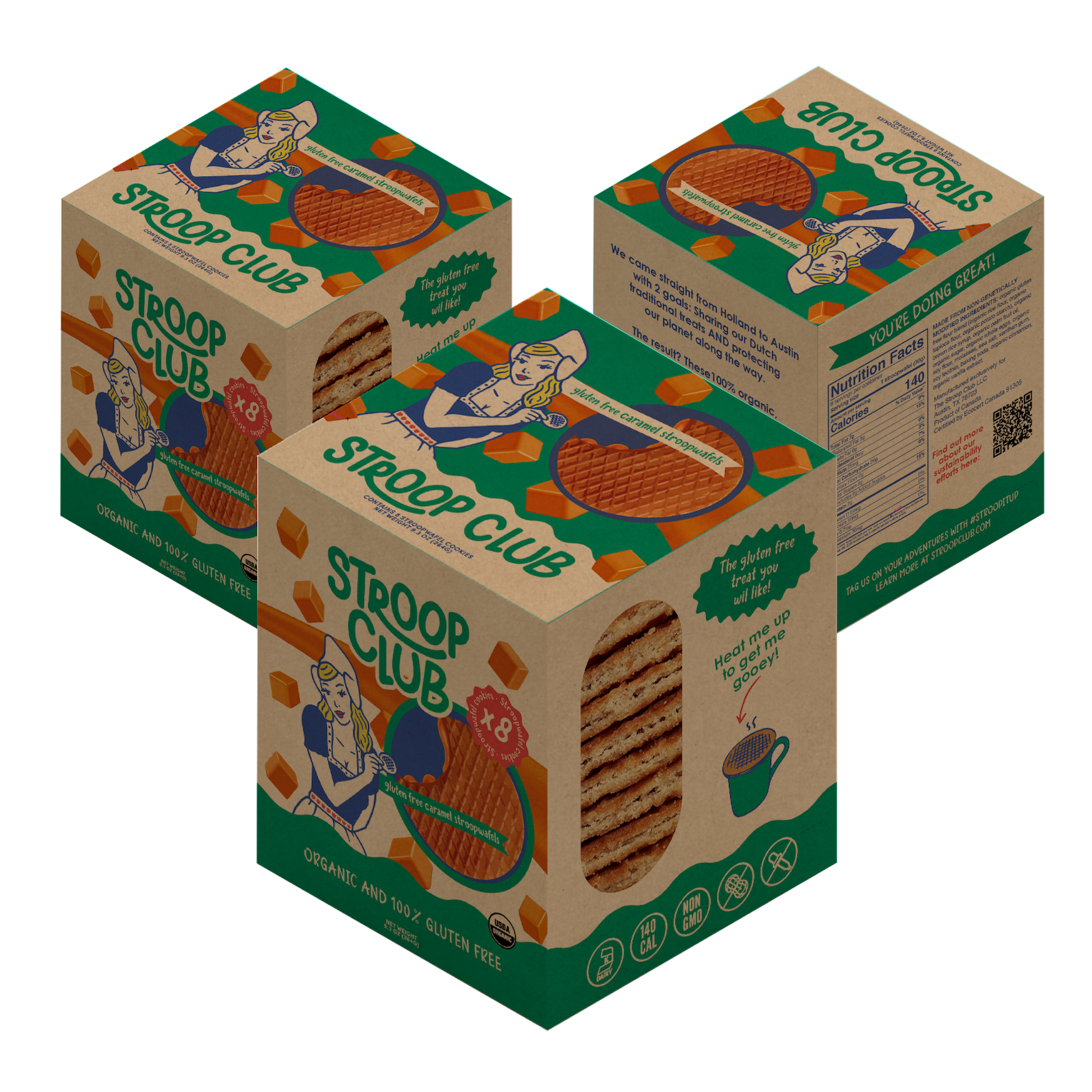 Mockup image showing three boxes of gluten free stroopwafel 8-packs.