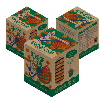 Mockup image showing three boxes of gluten free stroopwafel 8-packs.