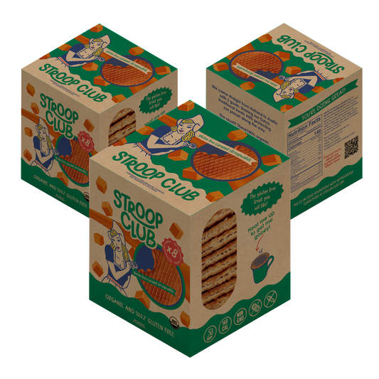 Mockup image showing three boxes of gluten free stroopwafel 8-packs.