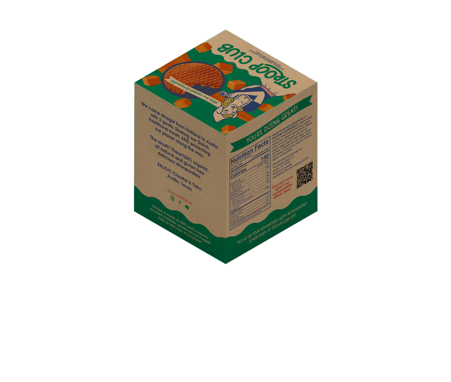 Mock up of the back of a gluten free stroopwafel 8-pack box