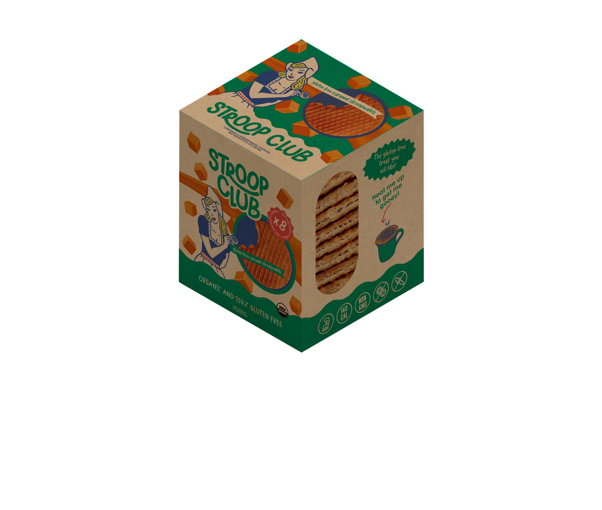 Mock up of the front of a gluten free stroopwafel 8-pack box