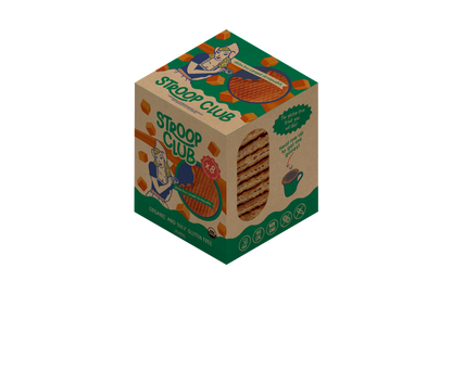 Mock up of the front of a gluten free stroopwafel 8-pack box